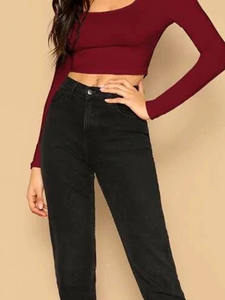 Nueva llegada de las mujeres Crop Tops 100% algodón transpirable ajustado Sexy manga larga Top logotipo personalizado venta al por mayor Mehroon Color sólido - Product Image 6