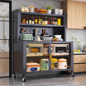<b>Kitchen</b> Multi-functional Modular Adjustable Foldable Storage Rack Multi-Layer <b>Sideboard</b> Cabinet Dust-Proof Design Modern Black - Product Image 4