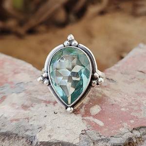 แหวนเงิน925ทำด้วยมือพร้อมลูกแพร์พลอยสีฟ้าอความารีนแท้เครื่องประดับสำหรับปาร์ตี้งานแต่งงานที่สง่างามเพชรตัดทรงรีสำหรับผู้หญิง - Product Image 1