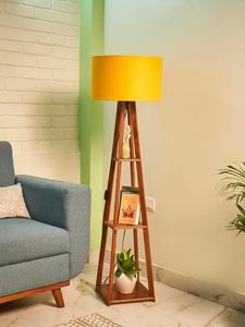 Lámpara de Pie de Madera Rústica de Nogal, Elegante, Clásica y con Estilo, con Estante, LED Amarillo Fresco, Tela Multicolor Clásica, Suministro al por Mayor - Product Image 3