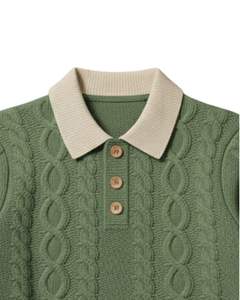 Suéter Polo de Punto Trenzado Personalizado para Hombre, Manga Larga, Cuello con Botones, Cuello en Contraste, Jersey de Invierno en Verde Oliva - Product Image 2