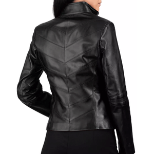 Chaqueta de cuero genuino de piel de cordero rosa de motociclista elegante para mujer - Product Image 4