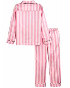 Conjunto de Pijama de Seda Satén a Rayas Rosas para Mujer, Fabricante, Botones, Manga Larga, Ropa de Dormir, Ropa de Casa de Lujo Suave - Product Image 4