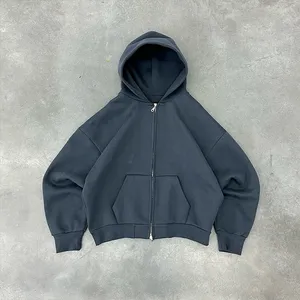 Men's Dark Blue Hooded Zip-Up Sweatshirt Oversized Fit Solid <b>Colour</b> Casual Fleece Hoodie With Front Pockets Autumn Wear 2027 - Product Image 4