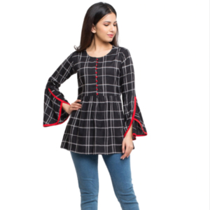 Haut de qualité supérieure pour femmes en rayonne marron et imprimé à carreaux, vente en gros, manches cloche et col rond, couleur noire, confortable à porter - Product Image 1