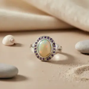 Bague vintage pour femme en opale et améthyste avec diamant taille ovale, en argent 925 plaqué rhodium, bijoux fins avec incrustation - Product Image 2