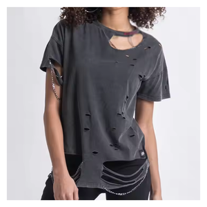 เสื้อยืดผู้หญิงแบบขาดรุ่ย ผลิตจากโรงงาน เป็นมิตรกับสิ่งแวดล้อม ผ้าฝ้าย 100% สีตามสั่ง บริการ OEM ขายดี - Product Image 3