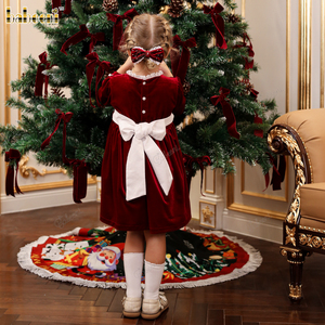 Robe de Noël en velours rouge pour filles, respirante et écologique, avec accents Babeeni, ODM OEM, vente en gros, robe smockée - Product Image 3