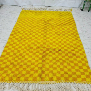 Tapis marocain authentique en laine de mouton tissé à la main Funky Yellow Checkered Design Winter High Pile Area Rug Set Custom Size - Product Image 1