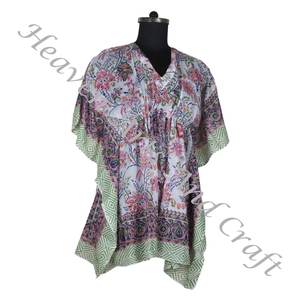 100% coton femmes vêtements de nuit main bloc imprimé caftan robes KFCS162 poids léger femmes décontracté Occasion porter courte Caftan robe - Product Image 5