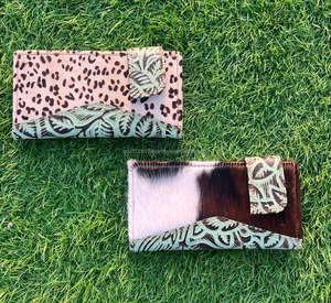 ใหม่จริงทําด้วยมือ Cowhide หนังหนังแกะสลักผู้หญิงกระเป๋าสตางค์เคสโทรศัพท์สไตล์ร้อนขายตะวันตกนูนพิมพ์หนังคลัทช์ - Product Image 4