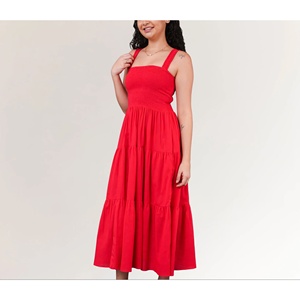 Robe midi en coton rouge pour femme, respirante, élégante, col carré, style modeste, tailles XS-XL, longueur genou, pour la journée - Product Image 6