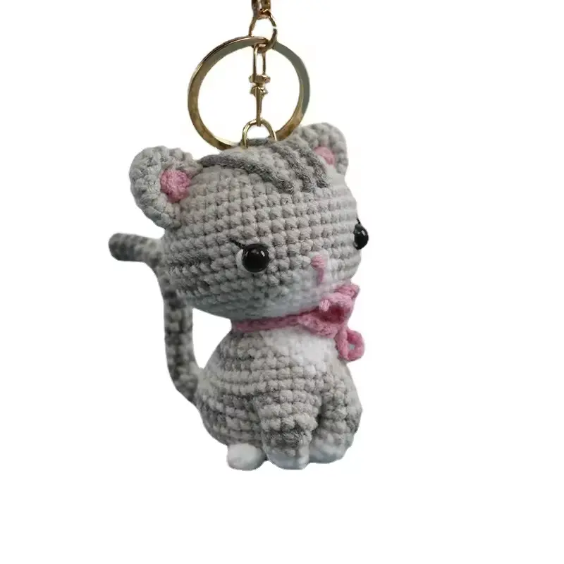 Porte-clés crochet en forme de chat pas cher fait à la main porte-clés chat de dessin animé sac accessoires pendentif cadeaux tricotés porte-clés poupée au crochet