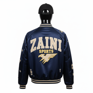 Chaqueta Bomber Satinada de Alta Calidad, 240 GSM, Azul Marino, Logotipo Personalizado Bordado, Parche de Chenilla, Cuello Acanalado, Chaqueta Satinada para Hombre - Product Image 4