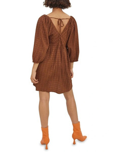 Vestido MIDI de cintura natural ODM marrón para mujer, cuello en V, puños elásticos, silueta de línea A transpirable ecológica - Product Image 4