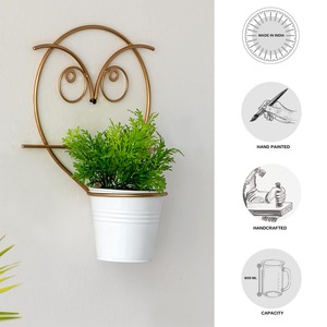 กระถางต้นไม้ทำจากโลหะสีทองพร้อมกระถางสีขาวสำหรับตกแต่งในร่มร่วมสมัยดีไซน์นกฮูกสีทองขายส่งจากอินเดีย - Product Image 3