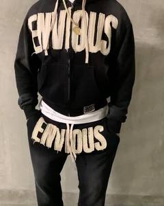 Baggy jogging personnalisé pour hommes Dtg impression passepoil survêtement Y2K rue rétro lettre impression à capuche pantalon de survêtement ensemble deux pièces - Product Image 6