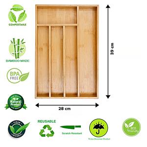 Organisateur de tiroir à couverts en bambou moderne fait à la main avec plusieurs sections pour le rangement des cuillères, des fourchettes, des couteaux et des ustensiles - Product Image 2