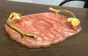Latest Design Resin Serving <b>Tray</b> Snacks Serving <b>Tray</b> Golden Metal Leaf Design Handle for Home <b>Kitchen</b> Office Gifting on Sale - Product Image 4