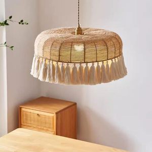 Handmade Rattan Pendant Light Round Boho Style <b>Lampshade</b> With Tassels Indoor Eco-Friendly Decor - Product Image 5