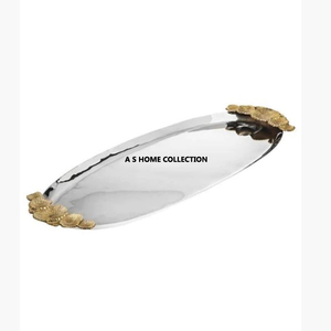 Suministros para hoteles Bandeja de servicio de acero inoxidable 304 de plata minimalista moderna con mango de latón - Product Image 1