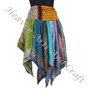 DS022 Jupe assortie de danse tribale urbaine Patch Jupe courte en soie de travail Motif Short Wide Flare Silk Boho Hippie Taille élastique - Product Image 6