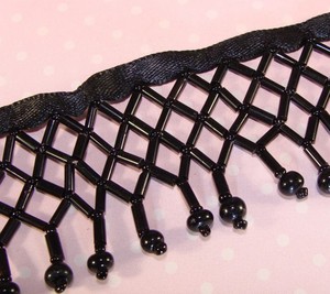 BLACK Beaded <b>Fringe</b> Trim One Yard Glass Bugle Seed Bead Cross Lattice Satin Ribbon Craft Supplies - Costumes <b>Curtains</b> - Product Image 3