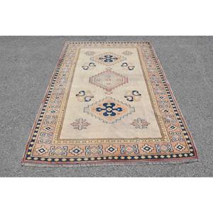 Alfombra turca Vintage azul Beige clásica 5,2X8 pies de lana para sala de estar alfombra de látex Patchwork para casas pasillo rectángulo a rayas - Product Image 1