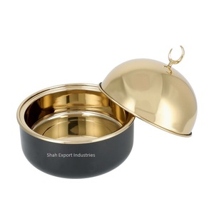 Pot de cuisson en métal de style moderne avec couvercle, vaisselle dorée et noire, forme ronde, chauffe-plats pour la cuisine - Product Image 3