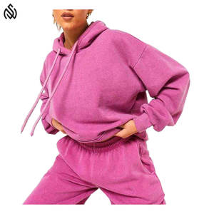 Survêtement court solide de haute qualité pour femmes en gros Logo personnalisé 100% coton délavé à l'acide ensemble pantalon de survêtement à capuche - Product Image 2