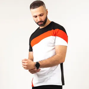 Siyah/turuncu/beyaz renk bloğu erkek tam kollu yuvarlak boyun T-Shirt Smartees erkek baskılı Slim fit T shirt