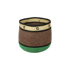 Cesta de Almacenamiento Redonda Hecha a Mano, Estilo Bohemio, Tejida con Hierba Marina, Color Marrón, Crema y Verde a Rayas, Cesta para Ropa Sucia - Product Image 1