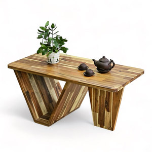 Table à thé rectangulaire en bois d'acacia 100x50x45cm, style farmhouse fait main avec plateau en verre pour salon ou entrée TT68228 - Product Image 1