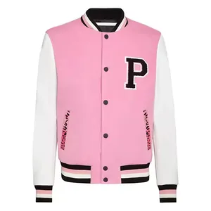 Embroidered Chenille OEM custom winter letter man baseball jackets, High Quality leather sleeves pink varsities jacket men