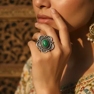 Bague Cocktail Bohème Fleur Vintage Art Palace en Argent 925 avec Turquoise Sertie Clos, Unisexe, pour Usage Quotidien, Style Anniversaire - Product Image 2