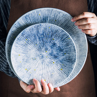 Assiettes rondes en céramique de style japonais de 8 pouces, émaillées bleues, pour la maison, pour steak, salade occidentale, vaisselle en céramique pour restaurant
