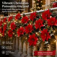 Guirlande de Noël artificielle en poinsettia et eucalyptus, illuminée, rouge et verte, 180 cm, décoration durable pour porte et escalier