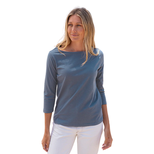 T-shirt pour femme en coton biologique de luxe 100% certifié GOTS, col bateau, manches 3/4, bleu cendré, pré-rétréci, coupe classique, doux et premium - Product Image 4