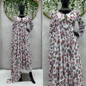 Exquisito vestido de diseñador de color característico en Luxe Faux Georgette con forro interior sin costuras y adornos intrincados de encaje - Product Image 1