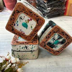 Cajas de joyería de cuero de piel metálica con herramientas hechas a mano con estilo occidental, fundas mínimas esenciales de joyería con piedra turquesa - Product Image 1