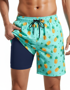 Short de bain 2-en-1 à séchage rapide pour hommes, imprimé floral, avec doublure en tissu tissé, taille moyenne, poches de style urbain - Product Image 2