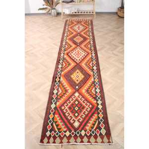 Turkish Kilim <b>Runner</b> Rug 2.7x13 ft (81x395 cm), Vintage <b>Red</b> Ombr Wool Rug - Product Image 1