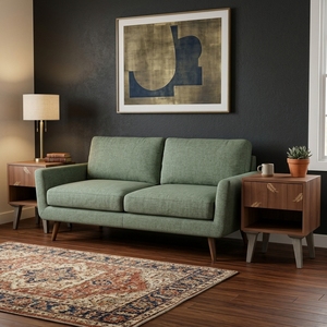 Table de chevet en bois massif avec tiroir incrusté de feuilles, rangement ouvert, style mi-siècle, table d'appoint avec pieds coniques pour chambre à coucher - Product Image 5