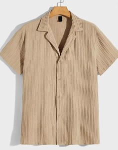 Men's Casual Cotton Polyester Mandarin Collar <b>Shirt</b> Regular Fit Crinkled Textured Crepe Breathable Anti-Pilling Eco-Friendly - Product Image 1