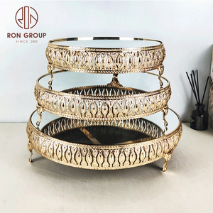 Plateau de présentation en métal pour gâteaux d'anniversaire et de mariage, plateau rond doré à 3 étages, ensemble de supports à gâteaux, plateau miroir - Product Image 1