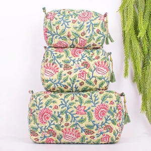 Handmade Eco-Friendly Cotton Makeup <b>Bag</b> Set <b>Zipper</b> Block Print Floral Design 3 Sizes Travel Case for Cosmetic for <b>Storage</b> - Product Image 2