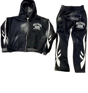 Moda de otoño, ropa de calle, chándal acampanado Sun Fade, estilo Vintage, ajuste holgado, bordado desgastado, chándales con cremallera de gran tamaño - Product Image 1