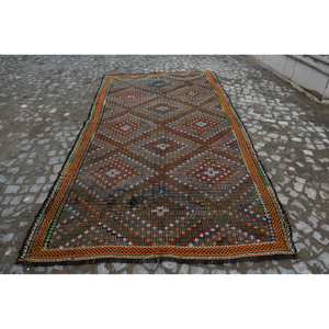 Alfombra de lana geométrica tradicional en marrón naranja 6,5X11,2 pies Patrón abstracto para dormitorio Material viscosa con respaldo de látex - Product Image 1