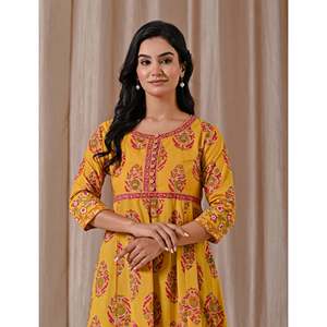 Vestido de algodón amarillo con estampado Butta Block, estilo bohemio, largo hasta el suelo, con botones, informal, para oficina, talla 5XL, transpirable, ODM para club - Product Image 1