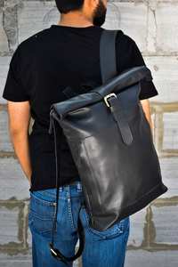 Wholesale Waterproof <b>Backpack</b> Business Travel Computer Laptop Minimalist Leather <b>Roll</b> Top <b>Backpack</b> for Men LRTB-0010 - Product Image 2